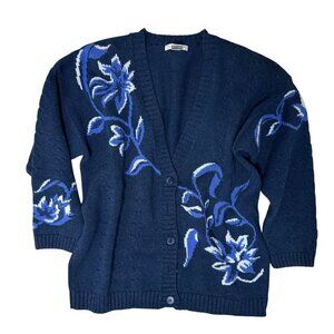 Vintage Picone Sport Textured Knit Blue Floral Cardigan Women's Size L Grandma